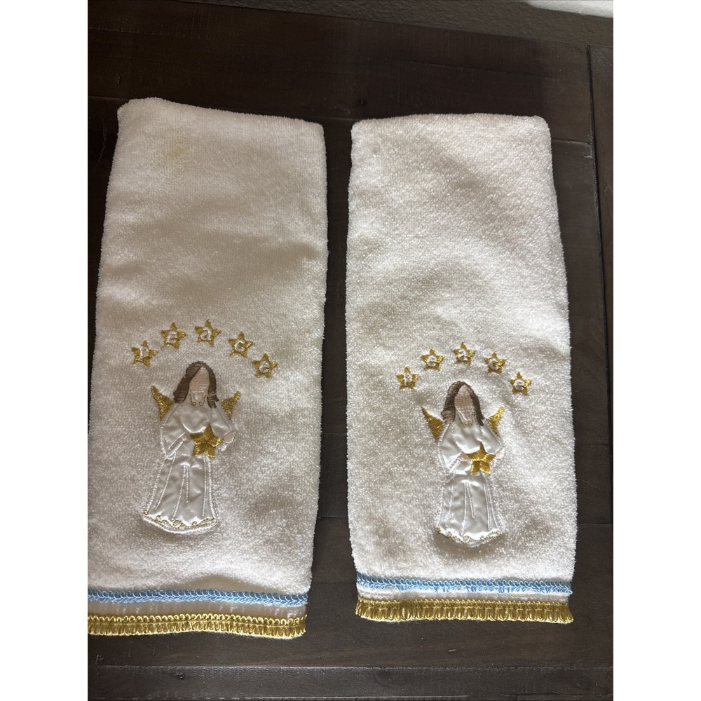 Christmas/Winter Angel Peace Beige Blue Gold Hand Towel‎ 2pc Set Hand Towel Set
